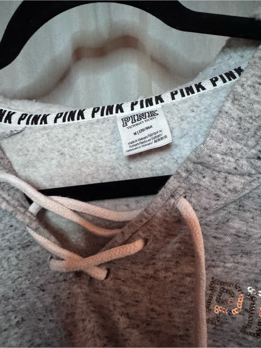 PINK Victoria's Secret Gray Lace-Up Hoodie with Gold Sequin Stripe - Picture 2 of 5